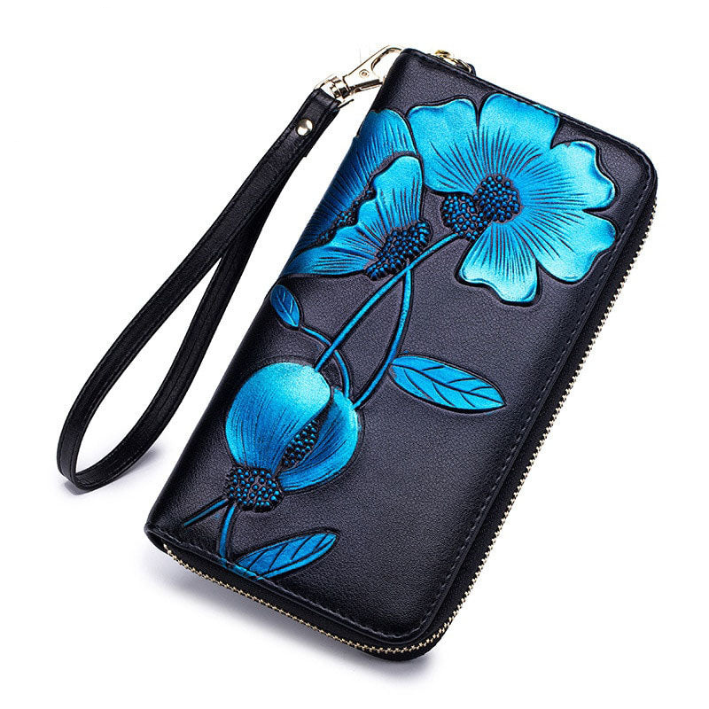 portefeuille fantaisie pour femme en cuir véritable bleu